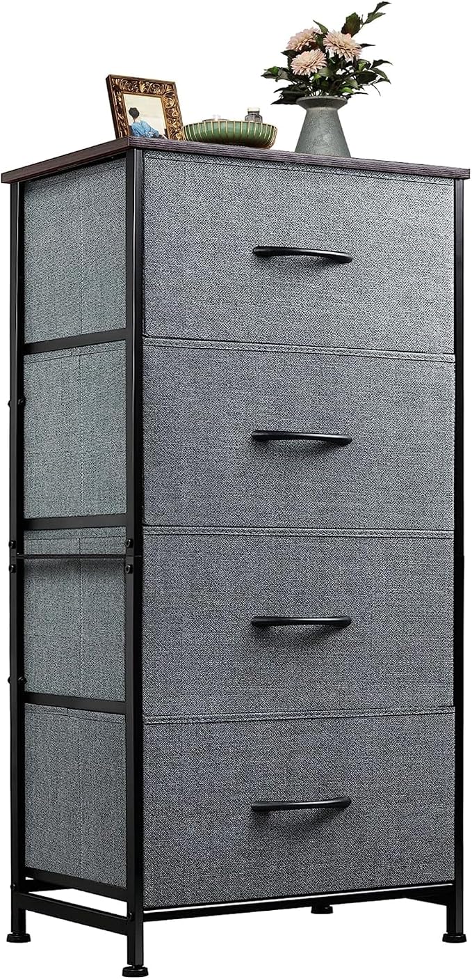 WLIVE Small Dresser Nightstand for Bedroom, 4 Drawers, Dark Grey | 4 vertical fabric drawers, Space-saving tower, Bedroom or closet use, Chest of drawers, Dresser for small spaces