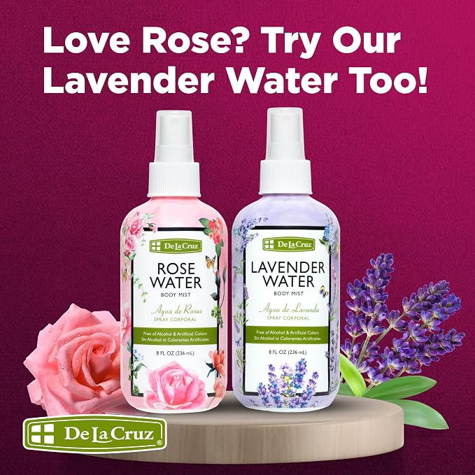 De La Cruz Pure Rose Water Body Mist,Rosewater Spray for Face, Skin & Hair, Rose Toner & Rose Water for Hair Alcohol Free, Paraben Free 8 fl oz (6 Bottles)