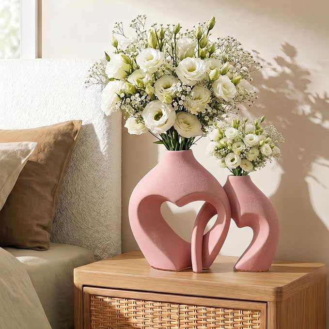 Ceramic Flower Vases Table Decor Heart Shaped Vase Set of 2 Pink | Nordic Heart Shaped Vases Minimalist Decorative Vase for Table Centerpiece Wedding Dining Living Room Office House Decoration