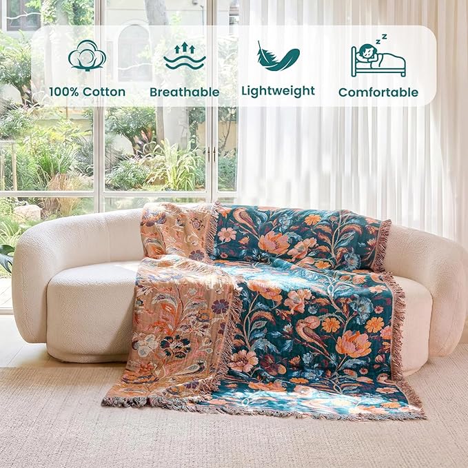 MSGKV Boho Throw Blanket for Couch Bed Cotton Muslin Breathable Flowers Birds Floral Twin Size Blanket 60"x80" for All Seasons Lightweight Farmhouse Blankets | Muslin Throw, Birds Floral Pattern, Reversible Woven, Twin Size Blanket, Farmhouse Decor, Ma...