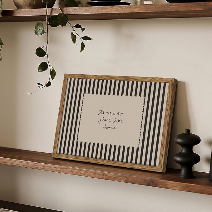 Framed Vintage Inspirational Wall Art, Minimalist There is No Place Like Home Canvas Wall Decor Painting, Black and White Striped Quote Poster Print Picture for Living Room Bedroom 12x16 Inch