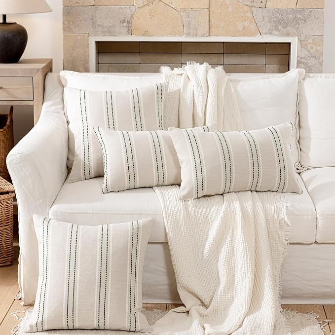 Hckot Spring Striped Throw Pillow Covers 18x18 Set of 2 Green Pillow Covers | Farmhouse Decorative Pillows Textured Linen Square Cushion Covers for Sofa Couch Bed Living Room Decor(Dark Green)