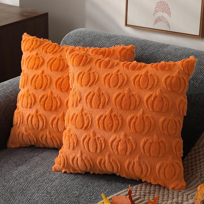 DFXSZ Fall Pillow Covers 16x16 2Pcs Orange Pumpkin Fall Decoration for Home | Fall decor Set of 2 Throw Pillow Cases Soft Plush Faux Fur Wool Couch Cushion for Chair Sofa Bedroom Living Room Home Decor