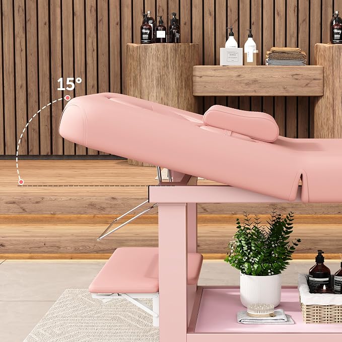 Extra Large 34''×80'' Folding Stationary Massage Table with Adjustable Backrest, Heavy-Duty Metal Frame PU Leather Treatment Bed for Spa, Physical Therapy, Tattoo, Facial & Medical Exam - Pink