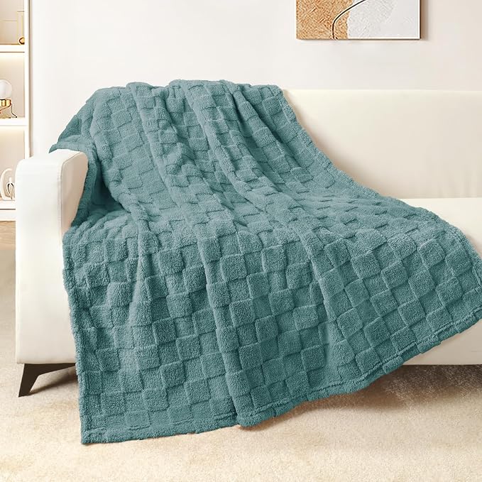 Exclusivo Mezcla 3D Checkered Fleece Throw Blanket for Couch, Celadon | Super Soft and Cozy Fluffy Throw, Lightweight and Breathable, Cute Fuzzy Blanket for Sofa, Home Decor, All Season, 50"x60"