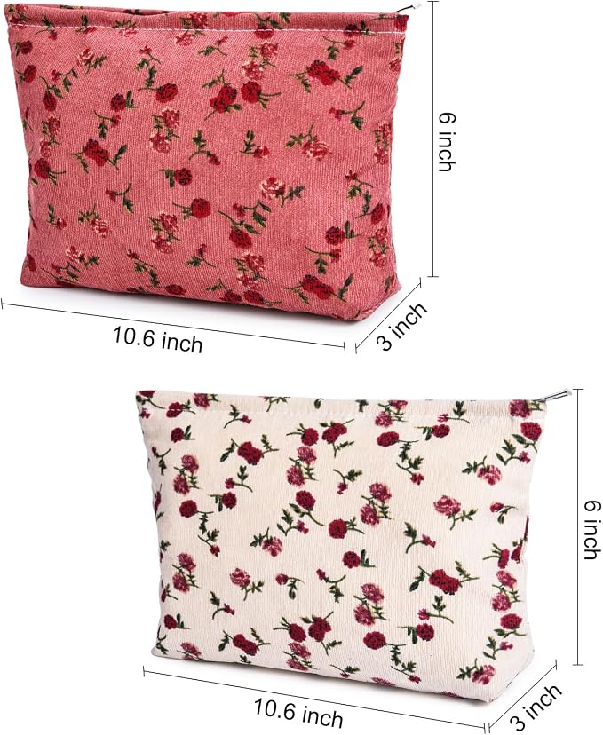 SOIDRAM 2 Pieces Rose Makeup Bag Large Corduroy Cosmetic Bag Capacity Canvas Travel Toiletry Bag Organizer Cute Makeup Brushes Aesthetic Accessories Storage Bag for Women, Rose L White Pink
