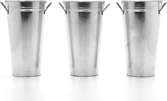 Hosley Set of 3 Galvanized French Bucket Vase with Handles 5" Dia x 9" H Ideal for Farmhouse Dried Floral Arrangements at Home for Weddings Gifts Spa and Aromatherapy Settings O5
