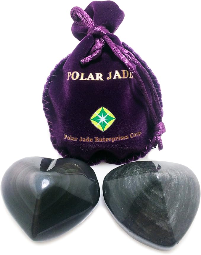 Polar Jade Crystal Hearts of Gem Quality Made of Rainbow Obsidian and Silver Sheen Obsidian, Set of 2, for Healing Meditation Chakra Balancing Home Decoration Spa Massage
