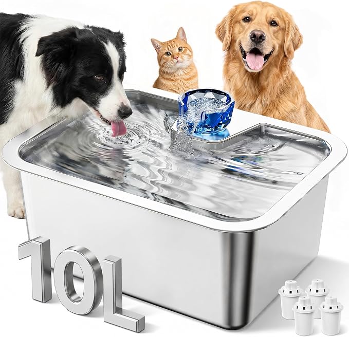 PETNF 2.6-Gallon 304 Stainless Steel Dog Water Fountain for Large Dogs, Extra Wide Drinking Area, Automatic Water Bowl Dispenser for Large Dogs & Multi-Pet Homes, 7-Stage Filtration System, Quiet Pump