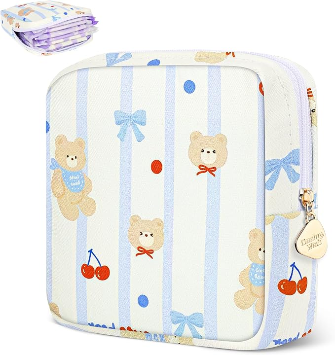 Sanitary Pad Storage Bag Portable Period Bag for Teen Pads/Sanitary Napkins/Small Tampons, Sanitary Napkin Storage Bag First Period Gifts for Teen Girls (Bowknot Bear)