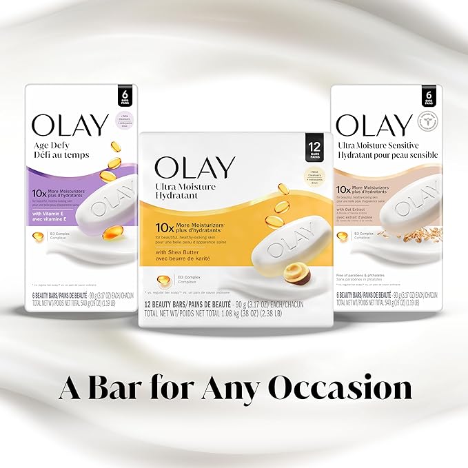 Olay Beauty Bar, Age Defying, 10x More Moisturizers, Smooth & Gentle on Skin, Vitamin E & Vitamin B3 Complex, For All Skin Types, Shea Butter Scent, 3.17 oz, (Pack of 8)