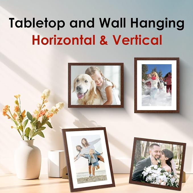 8x10 Picture Frame Bulk-6 Pack, Photo Frame with HD Plexiglass, Display Pictures 5x7 with Mat or 8x10 Without Mat, Brown Picture Frames Collage Wall Decor, Wall & Tabletop Picture Frames