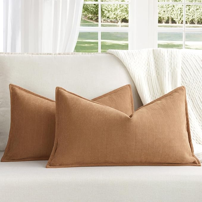 Camel Pillow Covers 12x20 Set of 2 Chenille Throw Pillow Covers with Elegant Design Soft and Luxurious Decorative Throw Pillows for Couch, Bed, and Home Decor