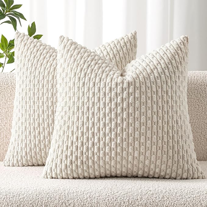 MIULEE Decorative Throw Pillow Covers 18x18 Cream White Textured Corduroy | Pack of 2 Striped Pillow Covers Modern Farmhouse Home Decor for Couch Bed Sofa Living Room