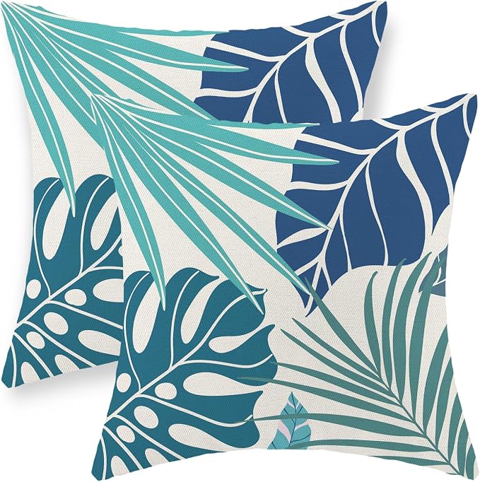 Tropical Pillow Covers 22x22 Set of 2 Navy Blue Aqua Teal Monstera Palm Leaf Pillowcase Tropical Summer Outdoor Decorations Throw Pillows Linen Decor Botanical Plant Cushion Case for Home Bed