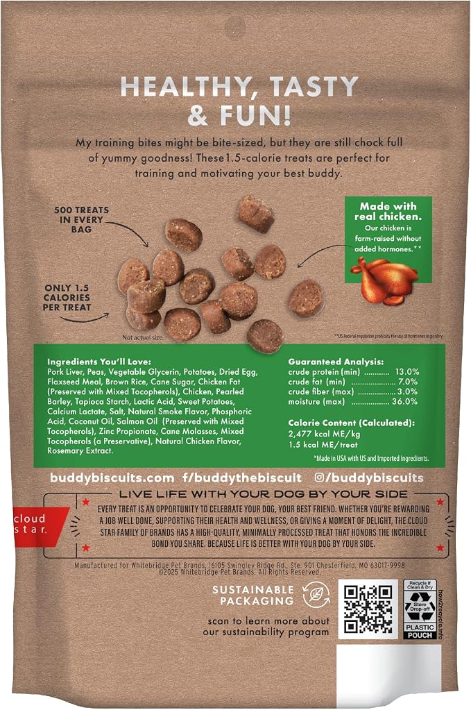 Buddy Biscuits Training Soft & Chewy Dog Treats, Chicken, 10 oz, 500 Treats | Training Bites, Soft & Chewy, Chicken Flavor, 10 Oz., 1.5 Calorie, 500 Treats