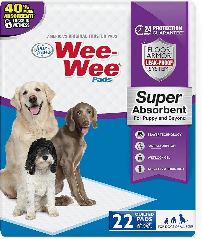 Four Paws Wee-Wee Super Absorbent Pads for Dogs, 22 Count | Leak-proof puppy pads, locks in wetness, dog housebreaking & potty training, all day floor protection, 24" x 24"