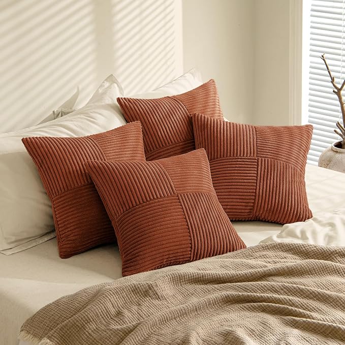 MIULEE Fall Boho Farmhouse Rust Decorative Throw Pillow Covers 20x20 Inch 4 Packs Soft Vintage Pillow Cases Modern Corduroy Patchwork Cushion Covers for Couch Sofa Bed Home Decor, Terracotta