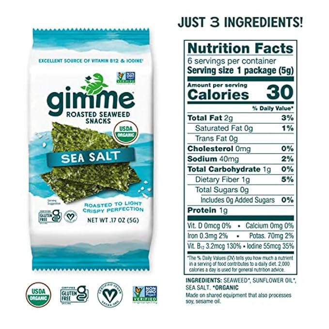 Gimme Seaweed - Sea Salt - 6 Count - Organic Roasted Seaweed Sheets - Keto, Vegan, Gluten Free - Great Source of Iodine & Omega 3’s - Healthy On-The-Go Snack for Kids Adults (Pack of 2)