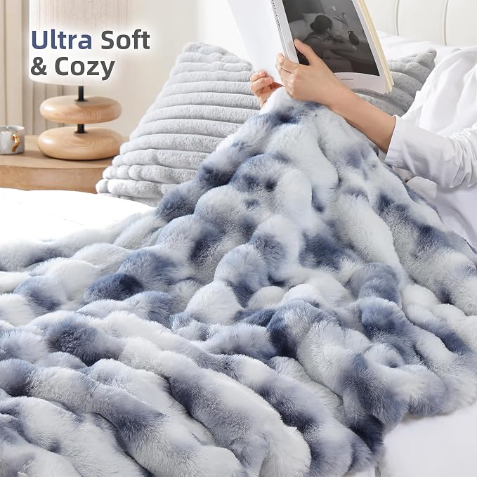 Faux Fur Throw for Couch - Tie-dye Blue Bubble Blanket 50"x60" | Fluffy Plush Fuzzy Throw for Sofa & Bed, Super Soft Cozy Comfrt Blanket, Luxury Aesthetic Blue Decor Gift for Women