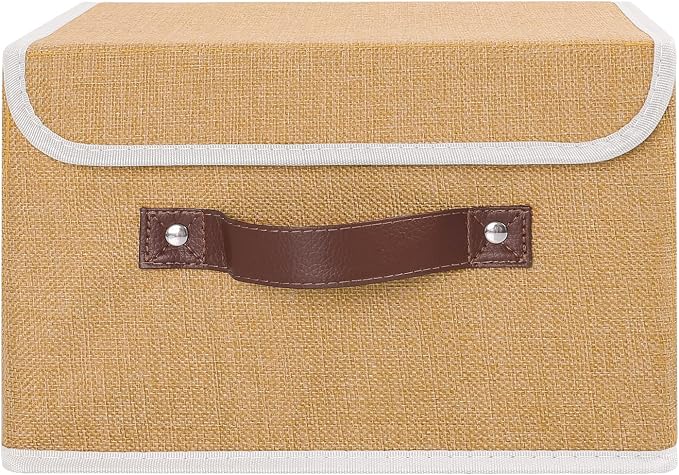 ANMINY Fabric Storage Box Bins with Lids, Khaki, 10"x8"x7" | Keepsake Memory Storage, Cotton Linen, PP Board Reinforced, Washable, PU Handles, Foldable & Stackable, Decorative, Small