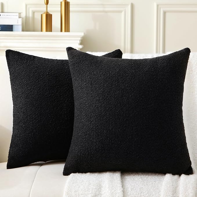 Complete Throw Pillows with Inserts, Set of 2 Decorative Throw Pillow-Boucle-18 x 18"-Square Boho Pillows for Couch, Patio, Bed, Sofa Decor (Black, 18" x 18"(Pack of 2))