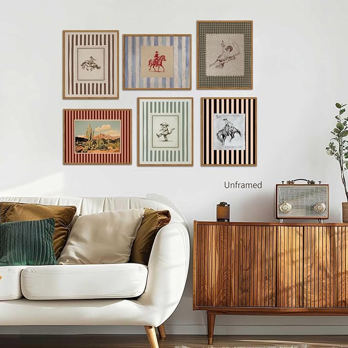 ZHARGL Vintage Western Posters Wall Art Set of 6, Striped Cowboy Canvas Wall Decor Paintings, Boho Farmhouse Southwest Prints Pictures for Living Room Bedroom Bathroom 12x16 Inch Unframed