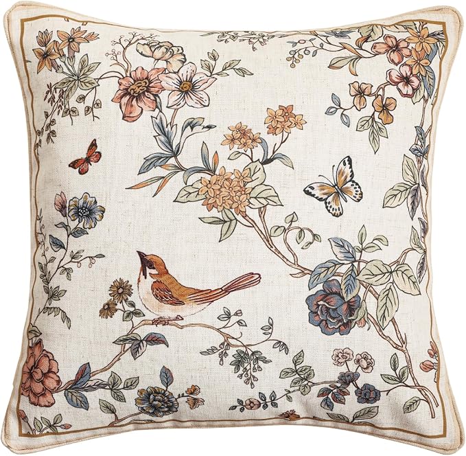 Designer Vintage Linen Throw Pillow Cover,18"x18"-Cornucopia A | Elegant French Square Pillow Cover,Concealed Zipper,Floral and Bird Pattern,Sofas,Bedroom,Living Room,Lounge Chairs
