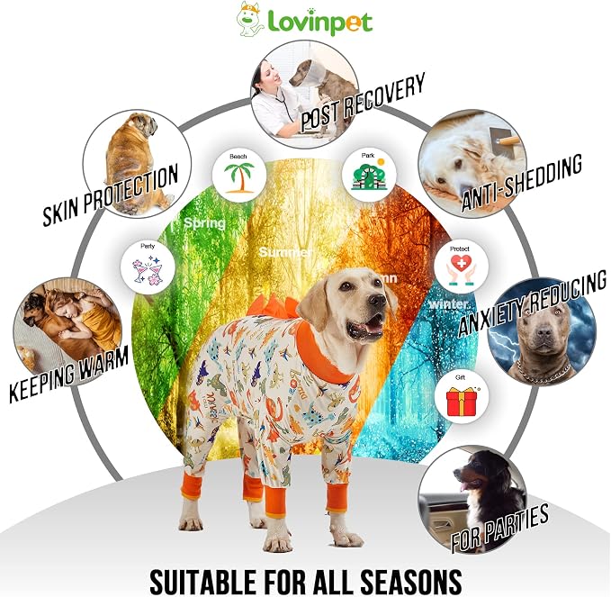 LovinPet Large Dog Pajamas, Anti Licking, Recovery Suit, Lightweight Jurassic Knit, UV for Large Dogs/L