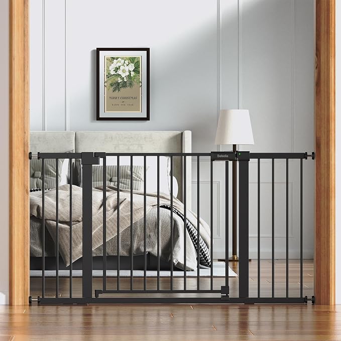Babelio 36-56" Extra Wide Baby Gate for Stairs No Drilling, PressGuard II | Pressure/Wall Mount, Dual Lock with Indicator, Auto Close, Heavy Duty, Easy Install for Doorways, Kitchens, Hallway, Black