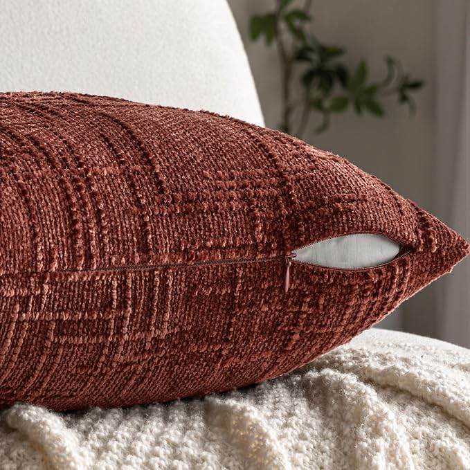 MIULEE Chenille Textured Fall Throw Pillow Covers Rust 18x18 Set of 2 | Slubby Decorative Pillows, Boho Farmhouse Rustic Home Decor, Modern Neutral Cushion Covers for Couch Sofa Bed Living Room