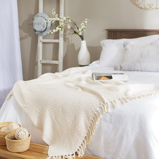 DII Modern Zig Zag Throw Blanket Woven Cotton, Hand-Knotted 2.5" Fringe, 50x60, Natural