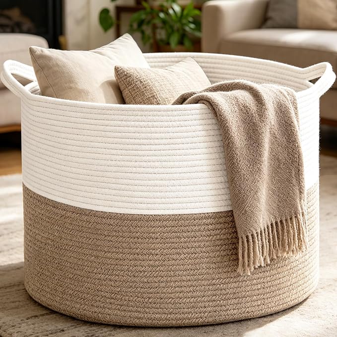 Large Woven Blanket Basket,65L Cotton Rope Laundry Basket | Collapsible Nursery Storage Bin with Sturdy Handles for Clothes, Toys, Pillows, Living Room Bedroom Bathroom - White & Brown
