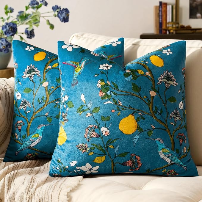 Stone Blue Velvet Floral Decorative 12x20 Lumbar Pillow Covers Set of 2 | Durable and Sturdy,Botanical Printed Pattern,Throw Pillows Case,Rectangle,Colorful Farmhouse,Home Sofa Bed Couch Decor