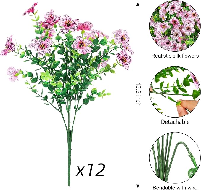 12 Pcs Artificial Flowers for Outdoors Decorations, Pink | Lifelike silk flowers, UV resistant, faux plastic plants, for garden porch window table vase home indoor outdoor decor