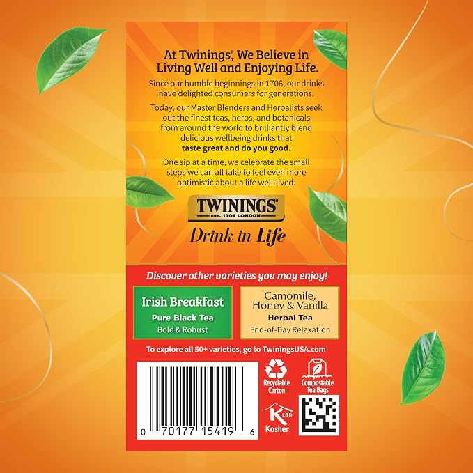 Twinings English Breakfast Black Tea Individually Wrapped Bags, 20 Count (Pack of 6), Flavourful, Robust, Caffeinated, Enjoy Hot or Iced, 120 Teabags