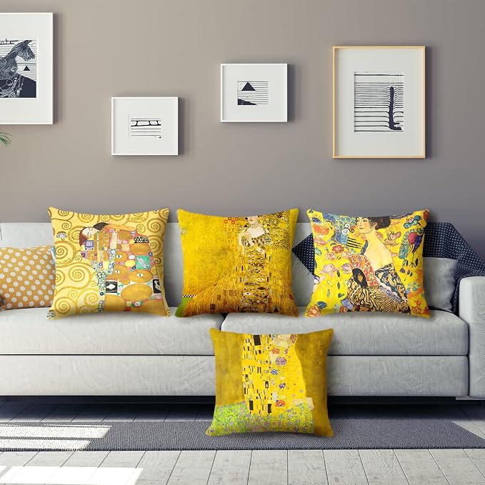Klimt Art Pillow Covers 18x18 inch Set of 4 Famous Painting The Kiss by Gustav Klimt Cushion Covers Yellow Modern Decorative Pillow Cases for Sofa Couch Bed Office