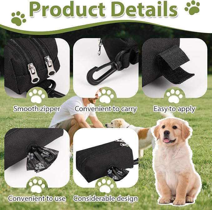 Hushee Black Dog Poop Bag Holder for Leashes Fabric Dog Poop Bag Dispenser and Treat Holder with 20 Rolls Pet Waste Pouches