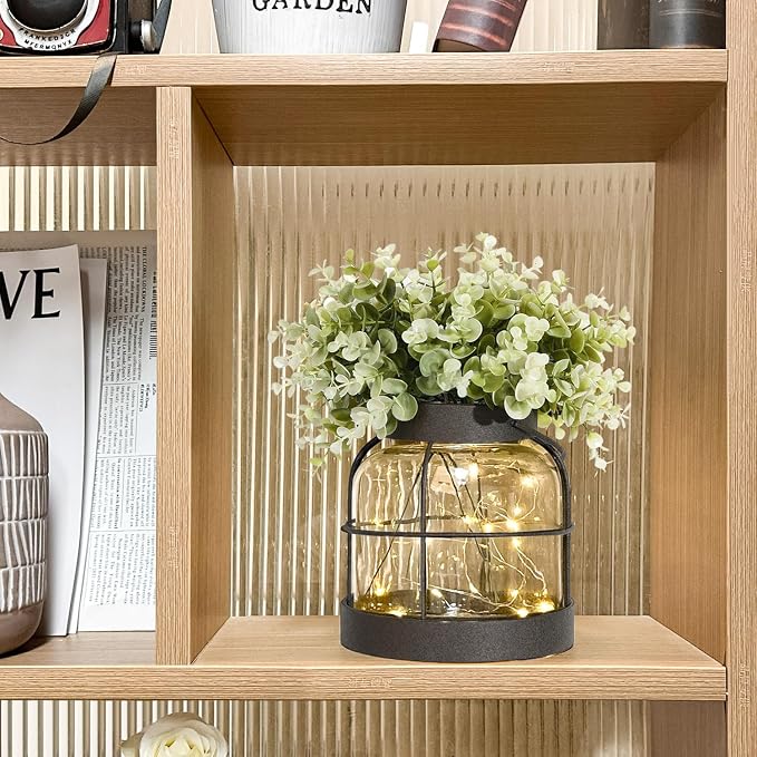 Dnnnii Vintage Glass Farmhouse Vase - Handmade Rustic Lantern Planter with Bonus Artificial Flowers & LED Lights (Home Decor Centerpiece), Farmhouse Wedding/Easter Decor, Housewarming Gift