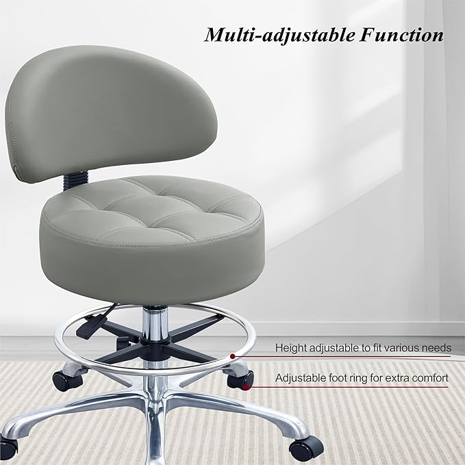 Height Adjustable Rolling Shop Stool with Back Support - Kitchen Stool with Wheels Heavy Duty for Salon, Spa, Massage, Tattoo, Esthetician - Extra Thick for Extreme Comfort