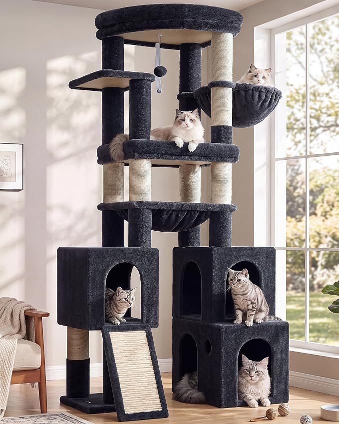 Globlazer Tall Cat Tower for Indoor Adult Cats, 72-inch, S72G, Dark Grey | Heavy Duty Cat Tree House for Big Cats with 2 Extra-Large Padded Platform, 7 Sisal Scratching Posts, 3 Large Condos