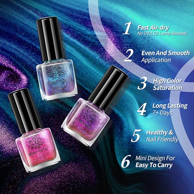 Born Pretty Cat Magnetic Eye Nail Polish Set,5 Colors Quick Dry Holographic Chameleon Cat Magnetic Eye Nail Lacquer Galaxy Effect with Black Nail Polish Magnet Stick,Manicure Home Gift for Women