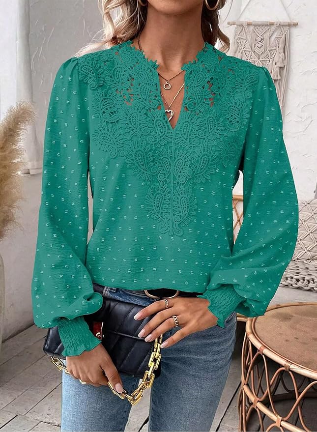 Womens Tops Swiss Dot Boho Long Sleeve Shirts V Neck Casual Chiffon Blouses Flowy Lace Hem Cute Clothing Trendy 2026