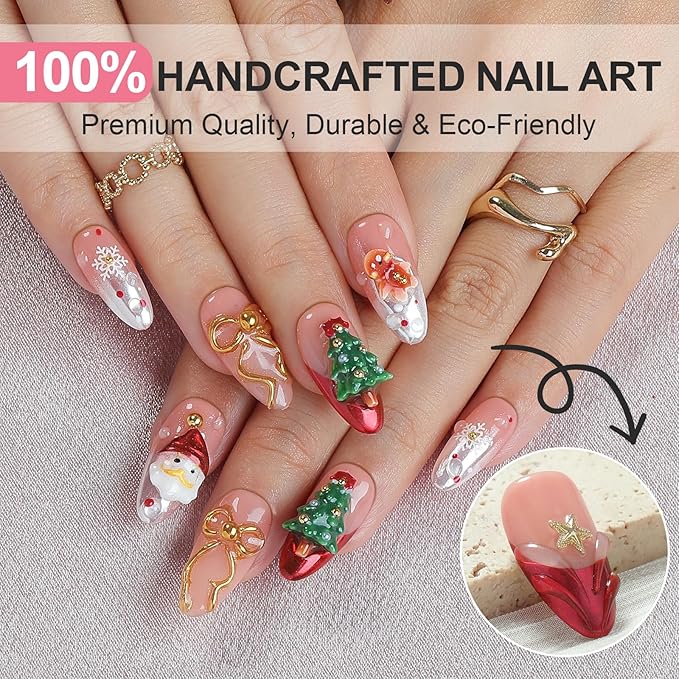 Festive Almond Press on Nails - 3D Santa Motif & Holiday Cheer Design, Hand-Embellished False Nails for Christmas Parties & Seasonal Celebrations