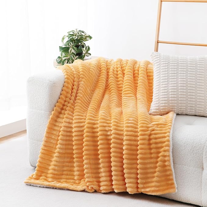 Warm Yellow Sherpa Fleece Throw Blanket 60”×80”for Couch Sofa Bed | Double Side Soft Fuzzy Cozy Plush Thick Flannel Blanket with Striped Design Gift for Adults,Woman