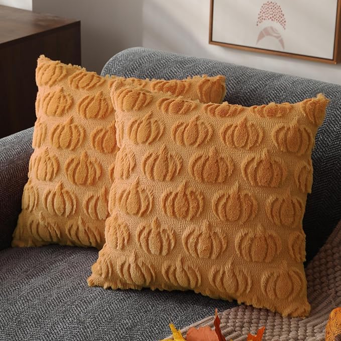 DFXSZ Fall Pillow Covers 18x18 2Pcs Light Orange Pumpkin Fall Decorations | Fall decor Set of 2 Throw Pillow Cases Soft Plush Faux Fur Wool Couch Cushion for Chair Sofa Bedroom Living Room Home Decor