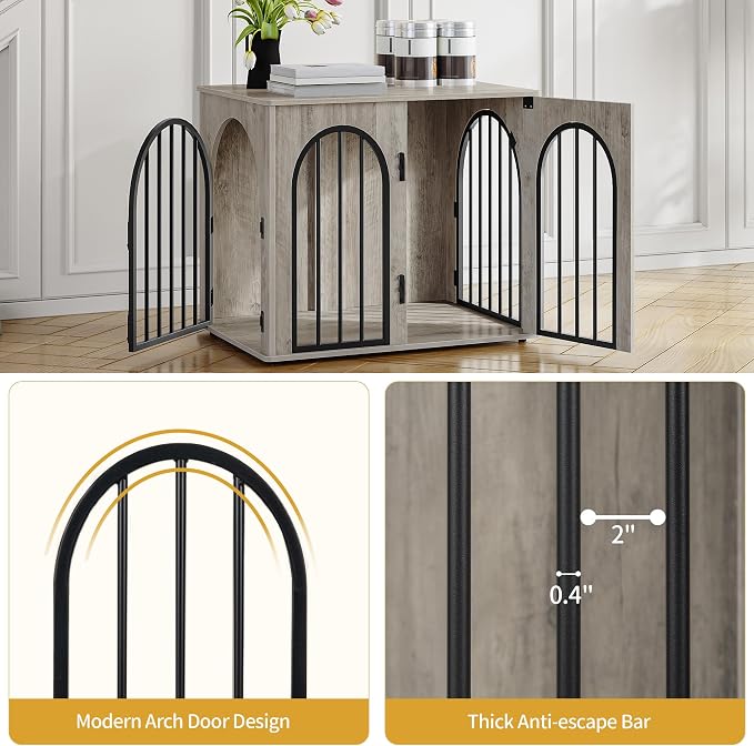 Hzuaneri 26.8'' Dog Crate Furniture, Dog Kennel Indoor for Small Dogs | Dog Kennel Furniture Wooden Dog Cage Heavy Duty Dog Crate Decorative Pet House End Side Table TV Stand,Greige Black DFC85505B