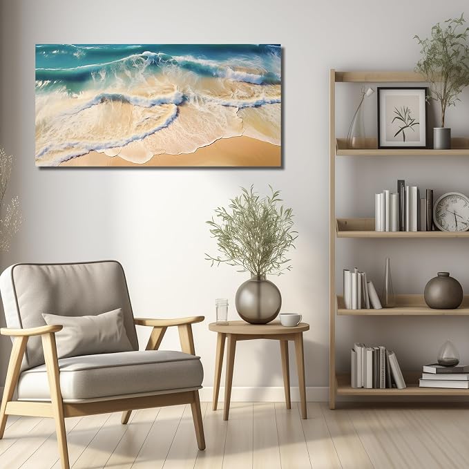 DNIEOTU Beach Wall Art for Living Room, Ocean Waves Canvas Wall-Decor for Bedroom, Landscape Picture Prints for Hallway Office, Size 40 x 20 Inches