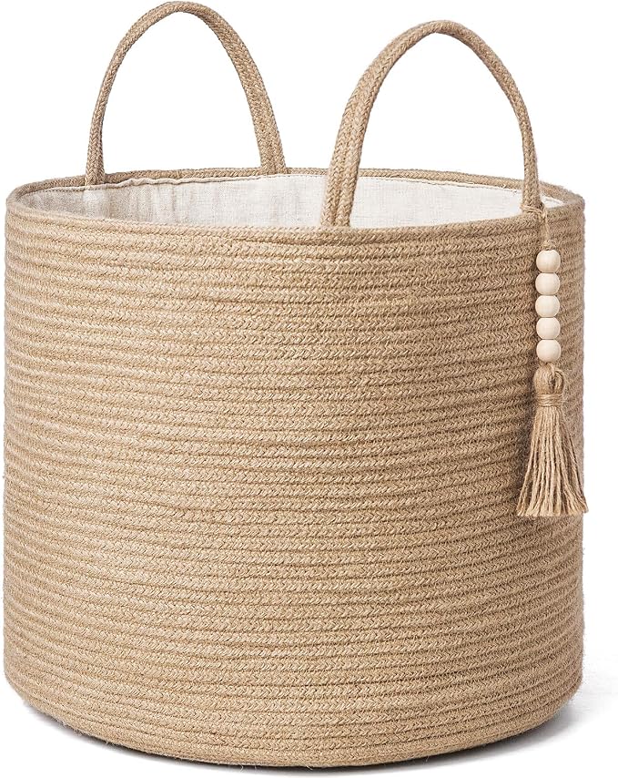 Mkono Woven Storage Basket for Blanket, Toys Plant Organizer, 16"W x 13.8"L | Brown, Jute, Decorative Basket with Handle, Wood Beads Tassel, Shoes Towel Clothes Storage Bin, Living Room Bedroom Nursery