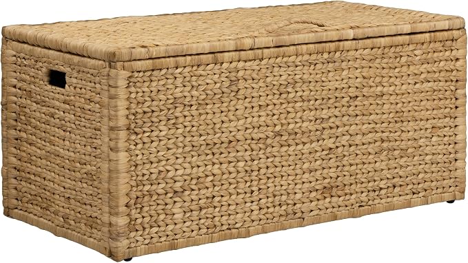 Water Hyacinth Bedding Storage Trunk, Natural, 42x20x18.5 | 2 Safety Hinges, Extra Large, Metal Frame, Wicker Blanket Chest, Decorative Storage Box